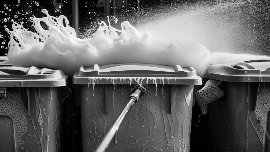 pressure washing bins, water, soap, bubbles black and white image